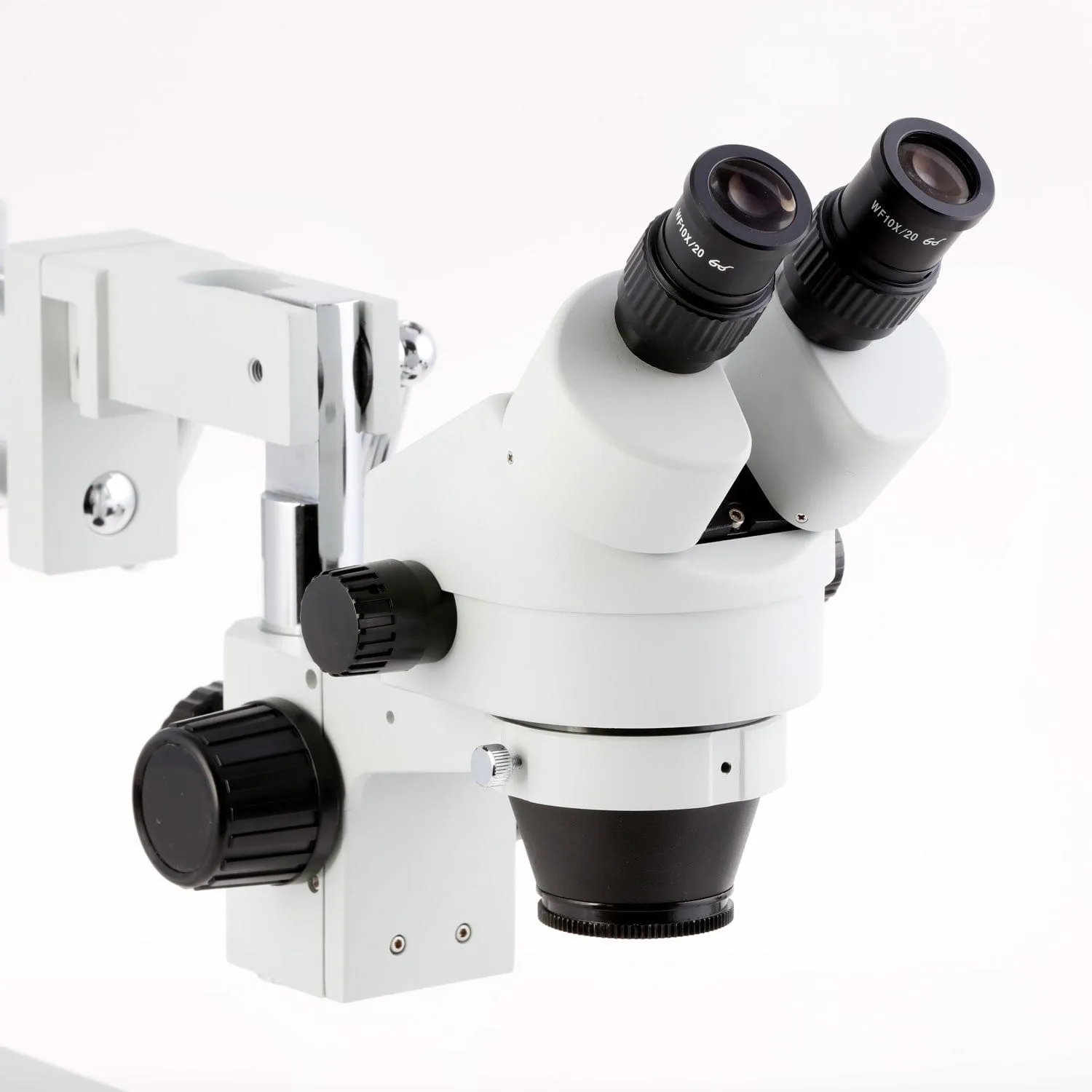 AmScope SM-4 Series Zoom Binocular Stereo Microscope with 30W LED Single Fiber Optic Gooseneck Light and Optional Digital Camera on Double Arm Boom Stand