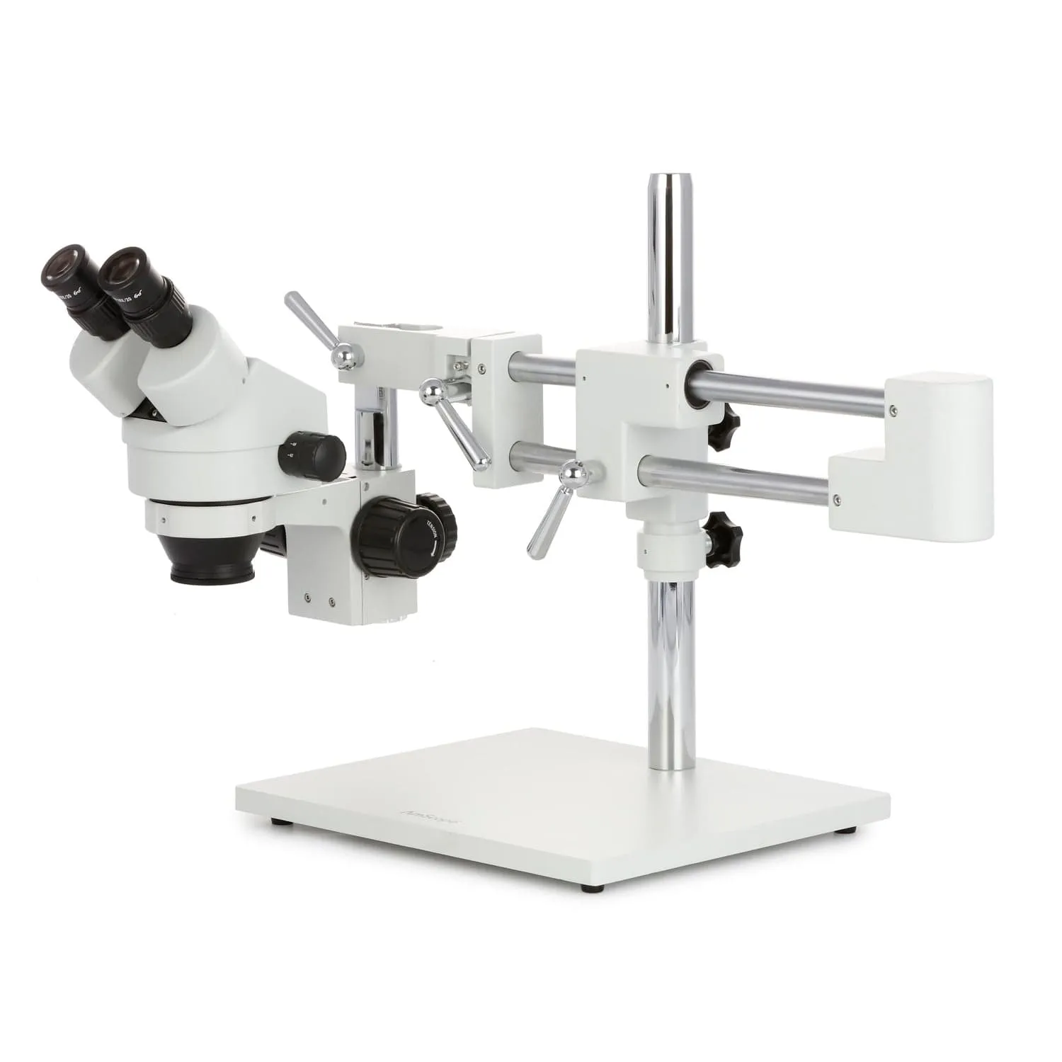 AmScope SM-4 Series Zoom Binocular Stereo Microscope with 30W LED Single Fiber Optic Gooseneck Light and Optional Digital Camera on Double Arm Boom Stand