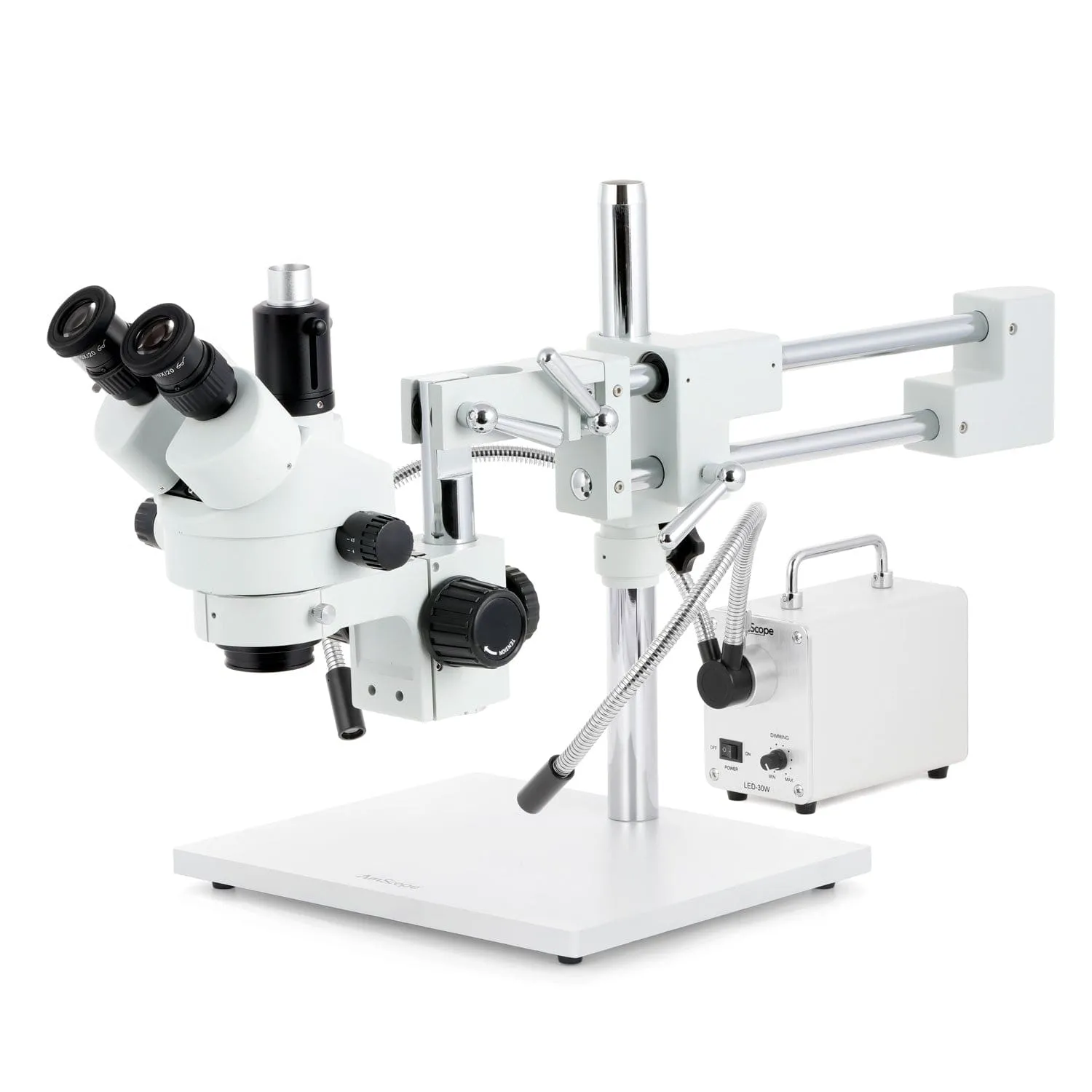 AmScope SM-4 Series Zoom Trinocular Stereo Microscope with 30W LED Dual Gooseneck Fiber Optic Lights and Optional Digital Camera on Double Arm Boom Stand