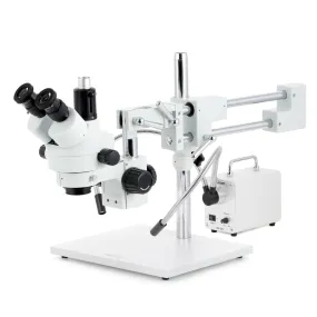 AmScope SM-4 Series Zoom Trinocular Stereo Microscope with 30W LED Dual Gooseneck Fiber Optic Lights and Optional Digital Camera on Double Arm Boom Stand