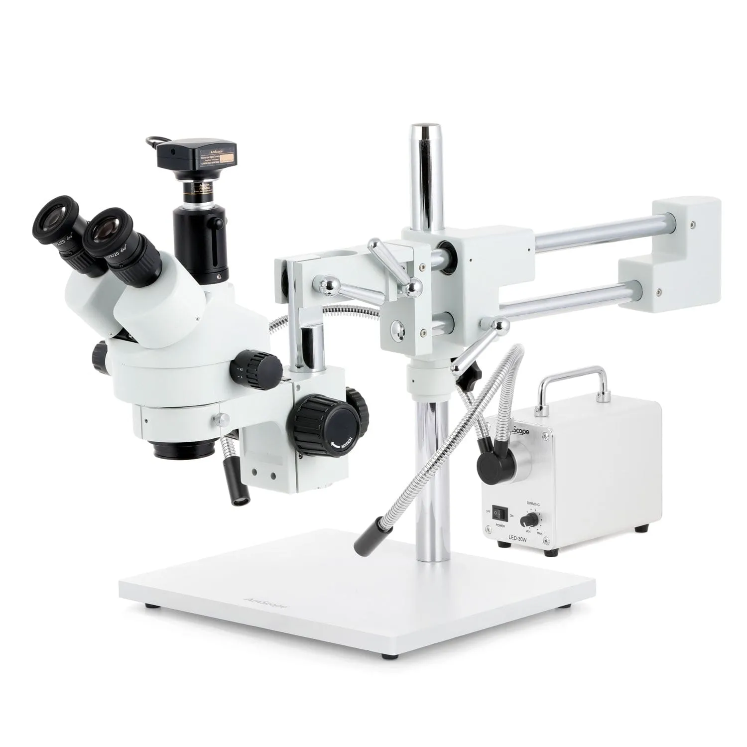 AmScope SM-4 Series Zoom Trinocular Stereo Microscope with 30W LED Dual Gooseneck Fiber Optic Lights and Optional Digital Camera on Double Arm Boom Stand