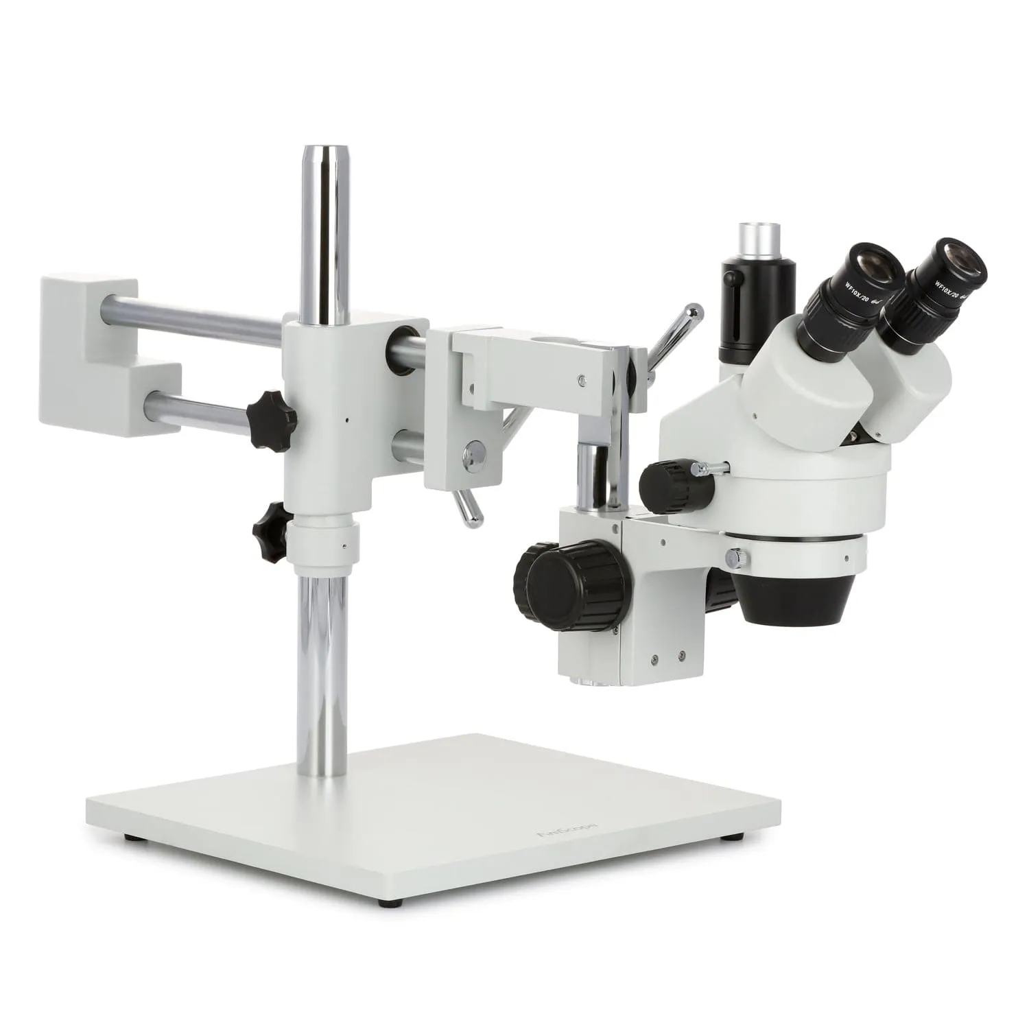 AmScope SM-4 Series Zoom Trinocular Stereo Microscope with 30W LED Single Fiber Optic Gooseneck Light and Optional Digital Camera on Double Arm Boom Stand