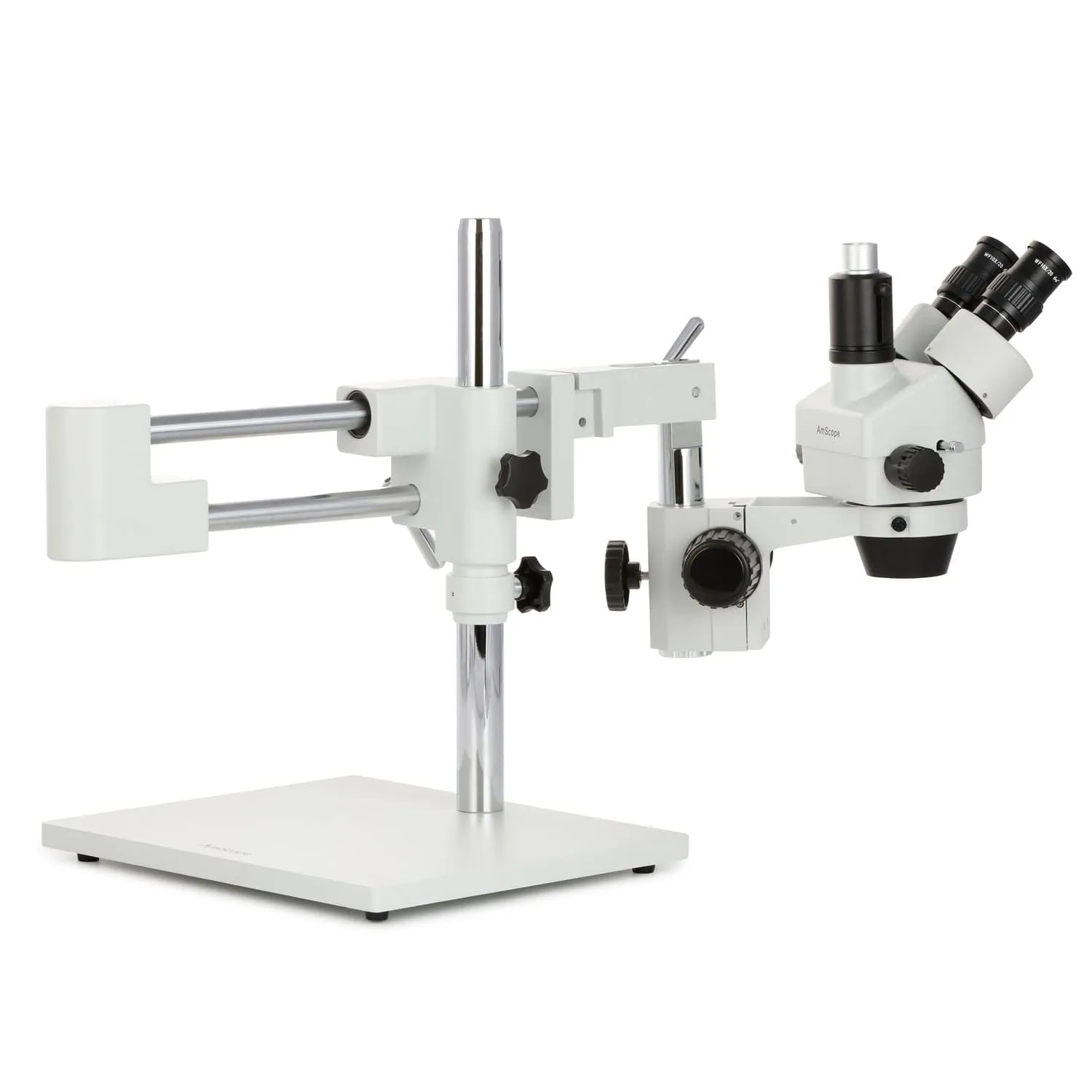 AmScope SM-4 Series Zoom Trinocular Stereo Microscope with 30W LED Single Fiber Optic Gooseneck Light and Optional Digital Camera on Double Arm Boom Stand
