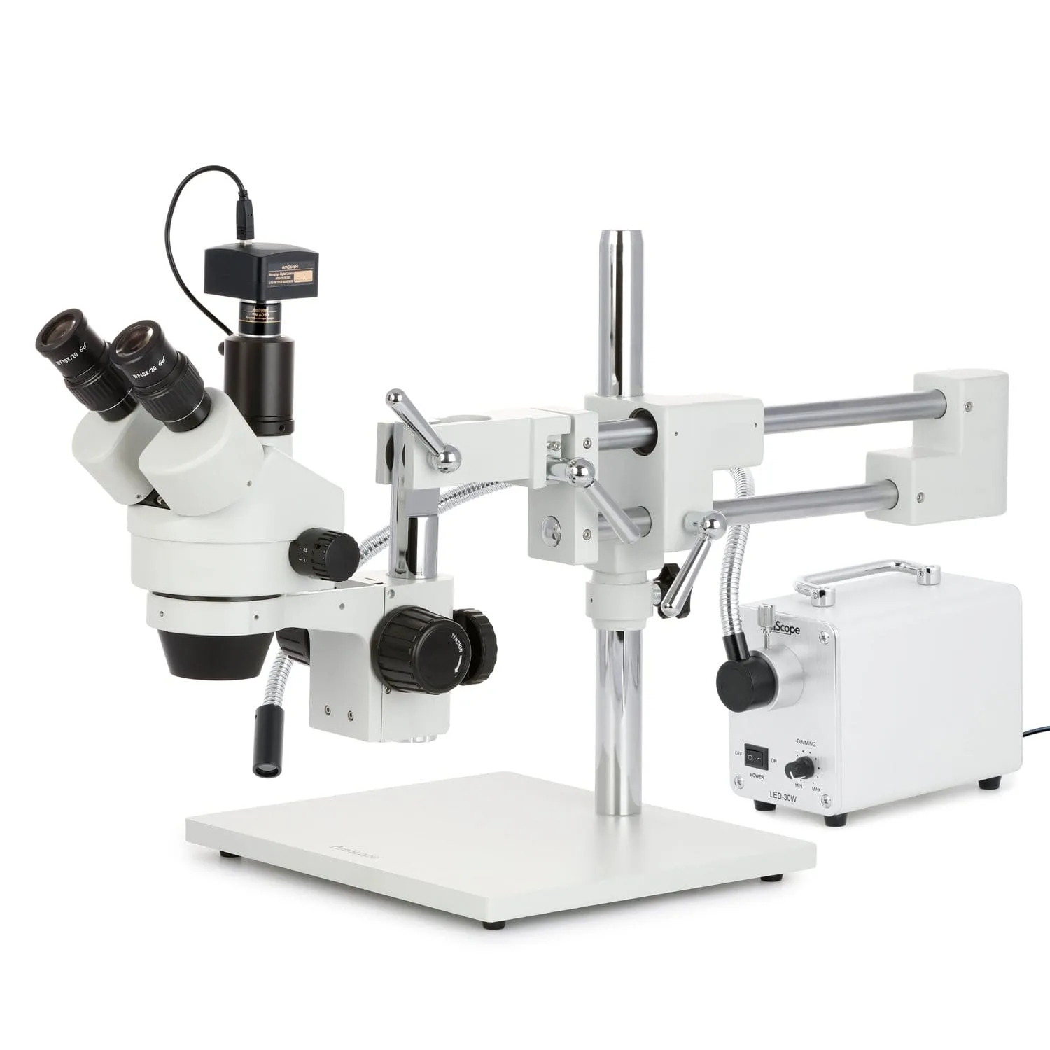 AmScope SM-4 Series Zoom Trinocular Stereo Microscope with 30W LED Single Fiber Optic Gooseneck Light and Optional Digital Camera on Double Arm Boom Stand