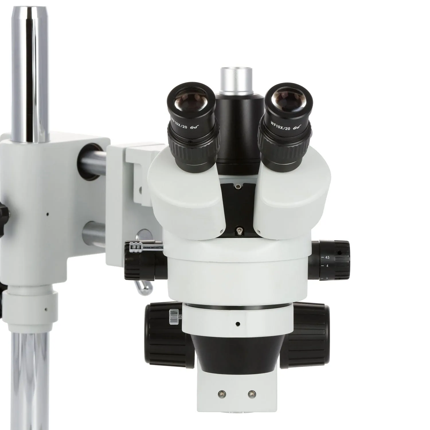 AmScope SM-4 Series Zoom Trinocular Stereo Microscope with 30W LED Single Fiber Optic Gooseneck Light and Optional Digital Camera on Double Arm Boom Stand
