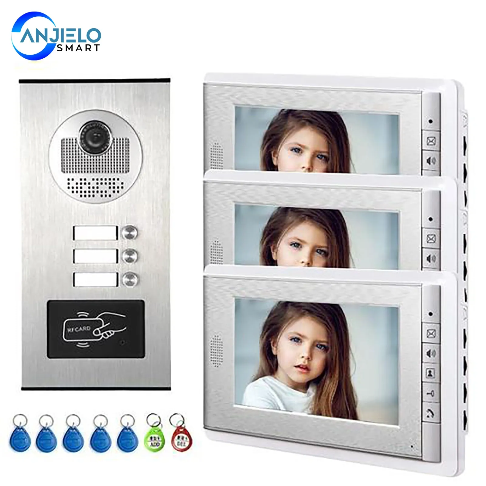 AnjieloSmart 2/3/4 Units Apartment Intercom System Video Doorbell Camera Aluminum Alloy 7" Monitor 7 RFID Card