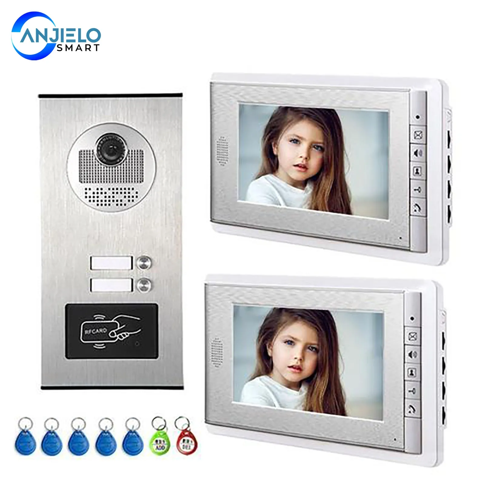 AnjieloSmart 2/3/4 Units Apartment Intercom System Video Doorbell Camera Aluminum Alloy 7" Monitor 7 RFID Card
