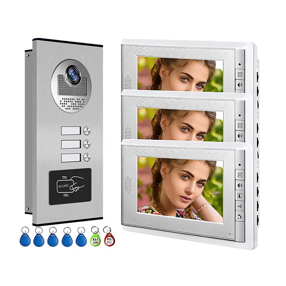 AnjieloSmart 2/3/4 Units Apartment Intercom System Video Doorbell Camera Aluminum Alloy 7" Monitor 7 RFID Card