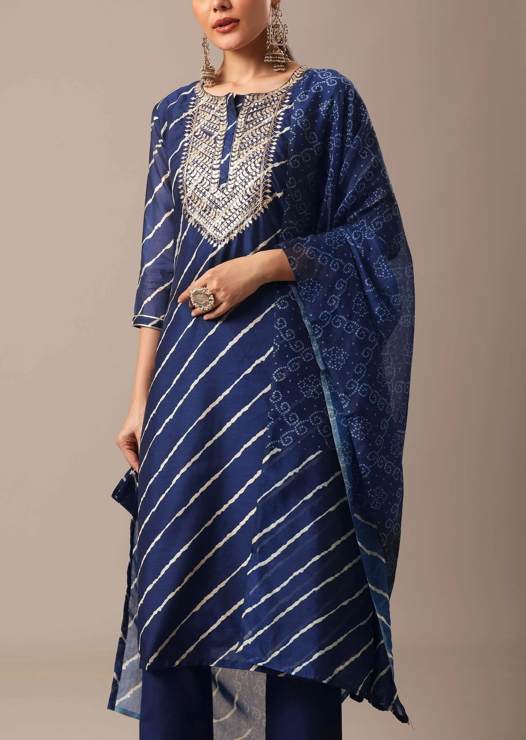Blue Leheriya Print Chanderi Kurta Set With Gota Trims