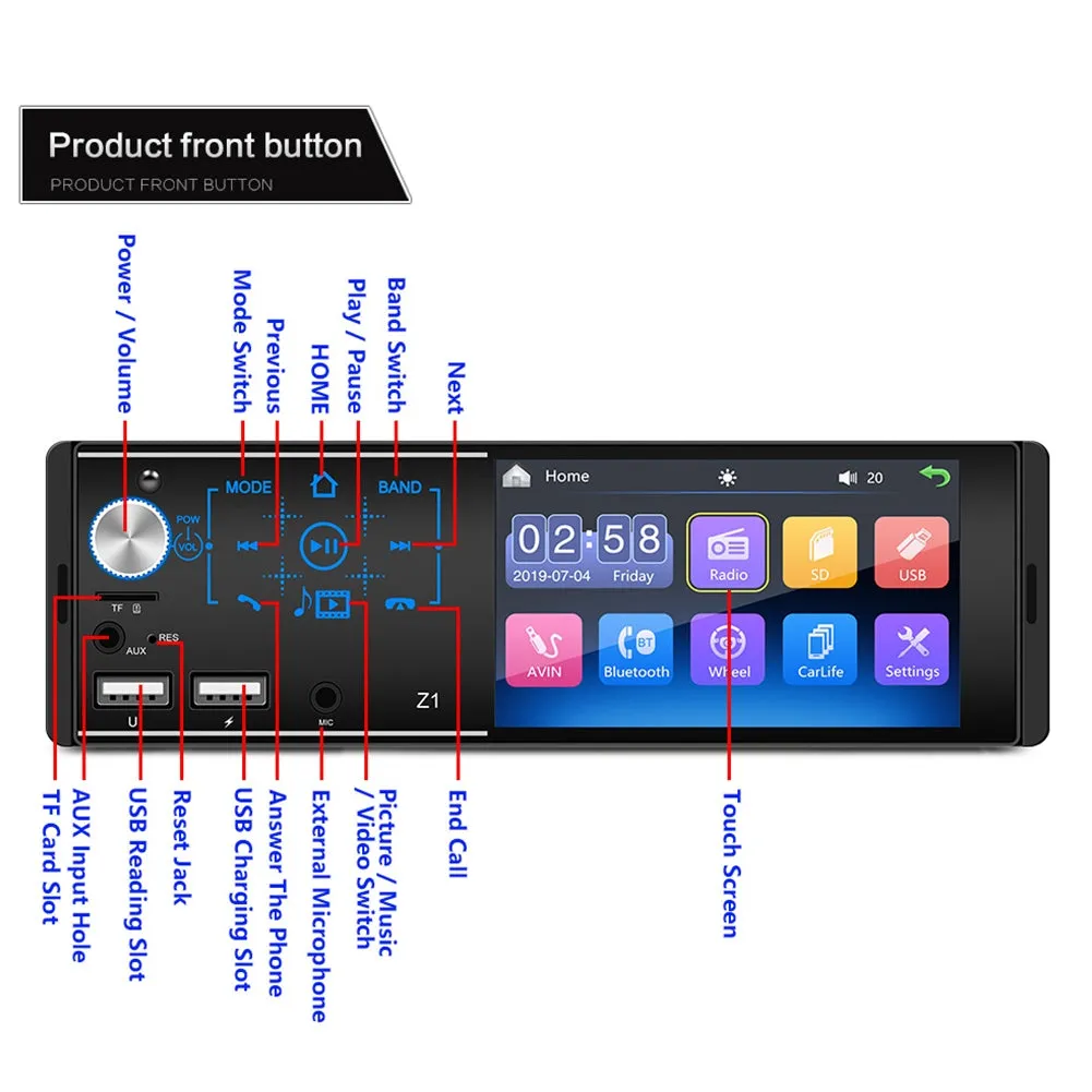 Car Mp5 Player Bluetooth Touch Screen Dual Usb Player Colorful