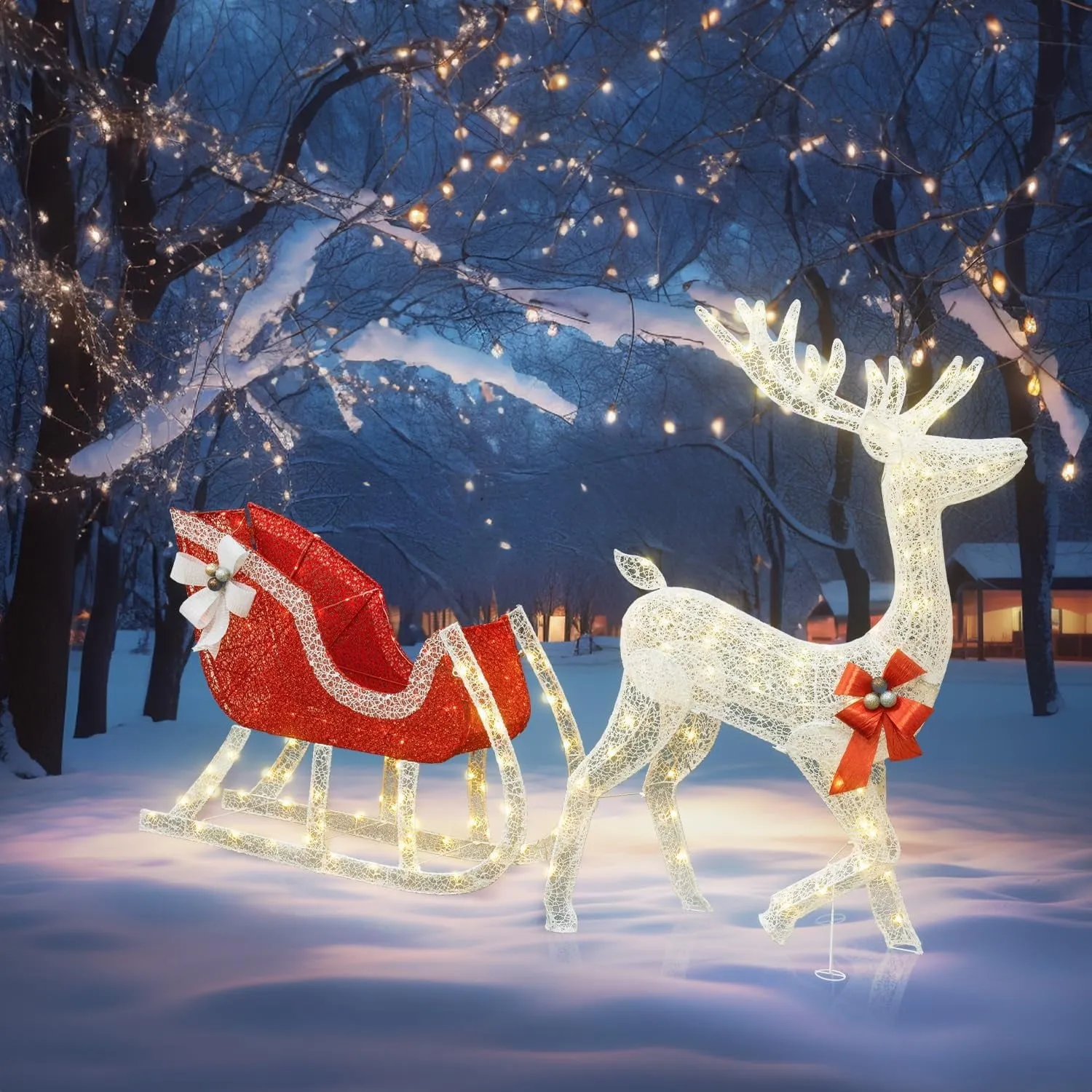 classic 4-Piece Christmas Decoration Set, Pre-lit Artificial Christmas Tree Garland Wreath 4FT Xmas Trees 4-Piece Set, Outdoor Christmas Tree for Porch, Entrance, Holiday Decor Illuminated reindeer sledding
