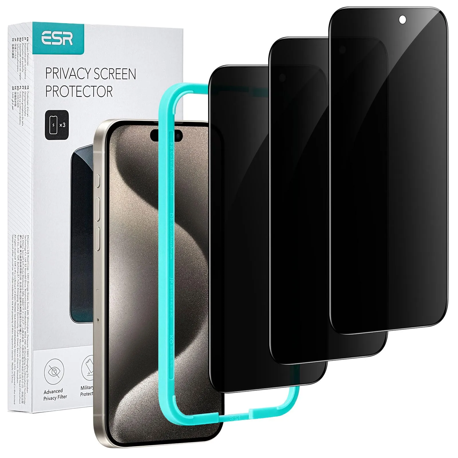 ESR for iPhone 15 Pro Max Privacy Screen Protector Set, 3-Pack, Anti-spy Tempered-Glass, Micro-curved Edges, Case Friendly