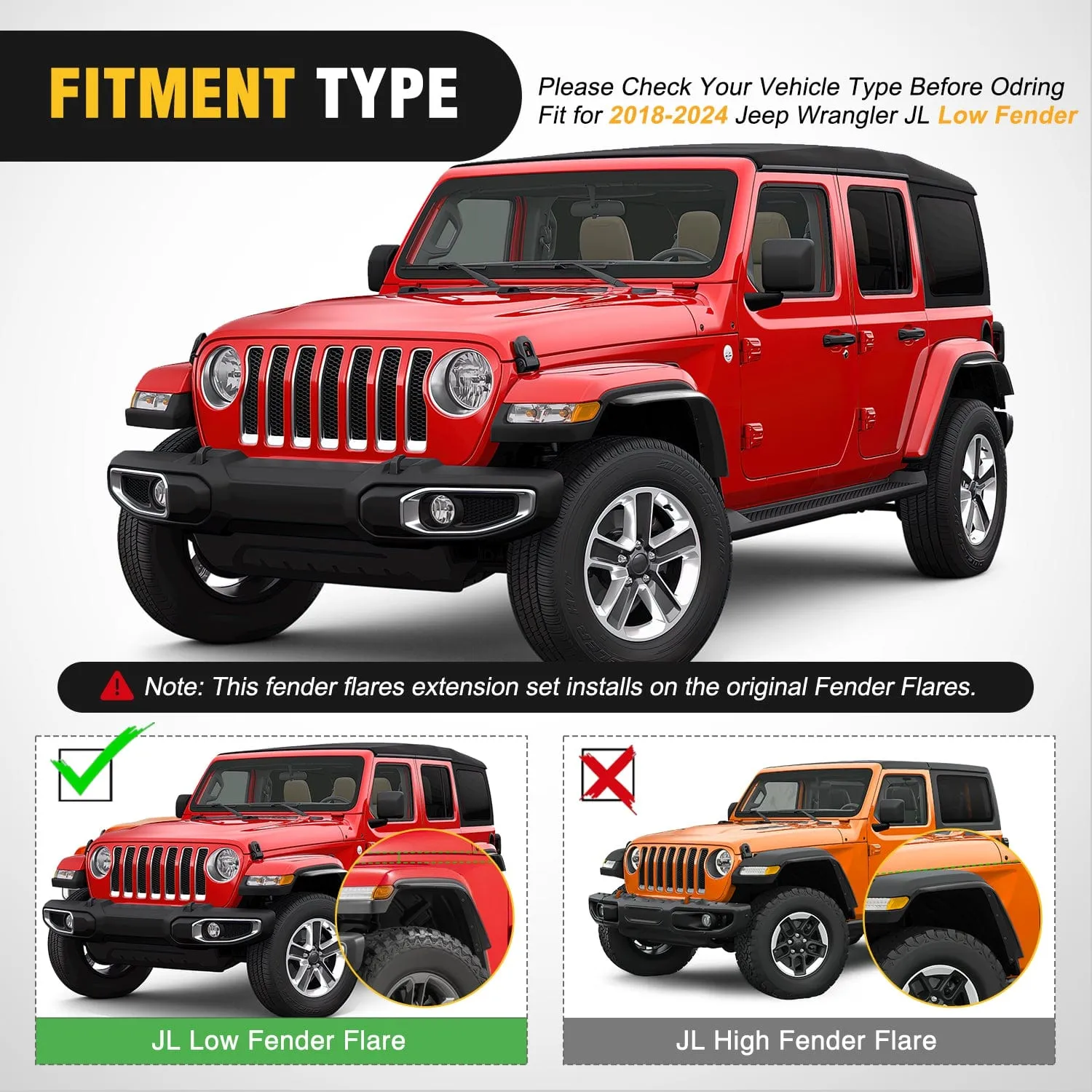 Fender Flares Extensions Set Compatible with 2018-2024 Wrangler JL and JLU Unlimited 2/4 Doors (Only for Low Wheel Arches)