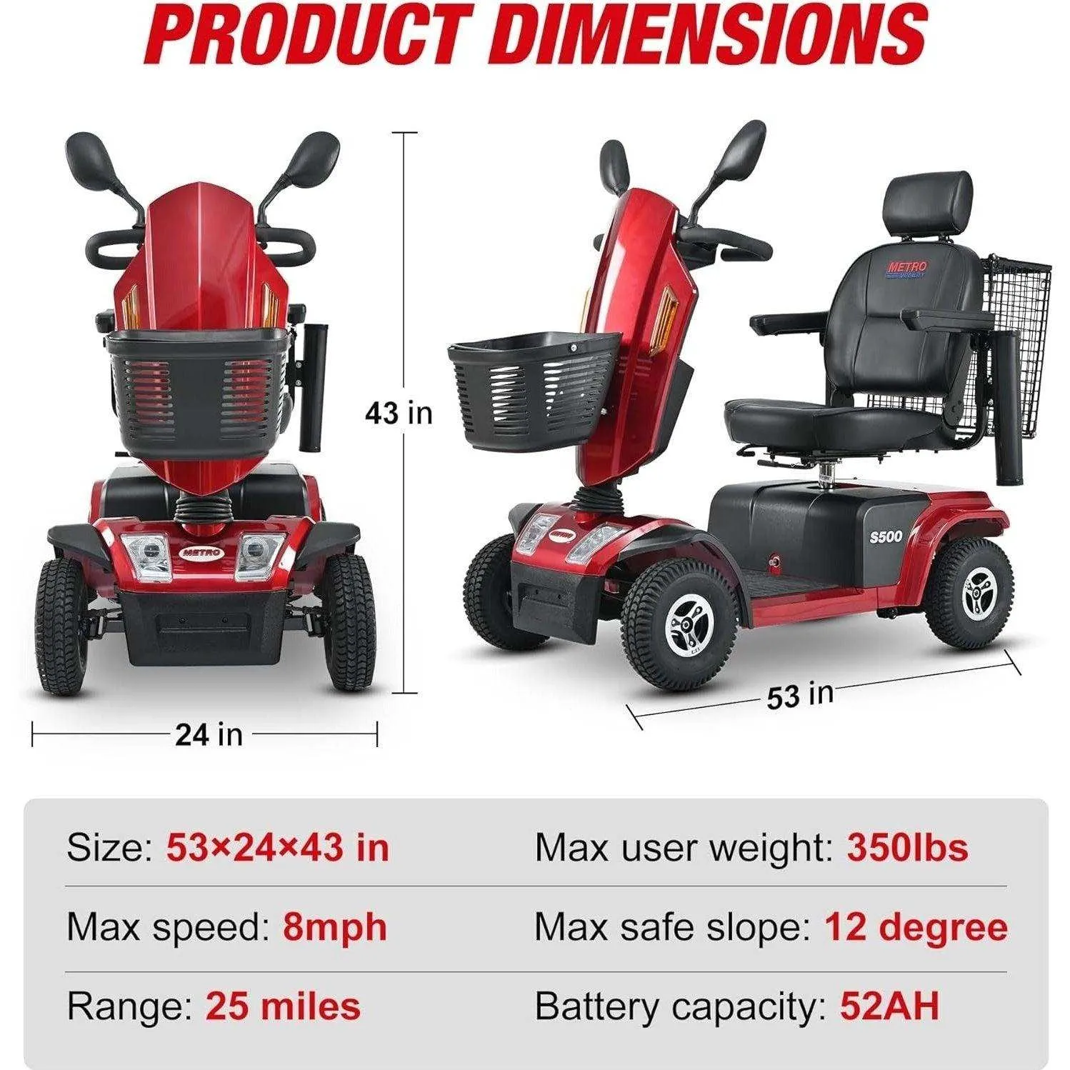 Metro Mobility S500 Series 4-Wheel Heavy Duty Travel Mobility Scooter