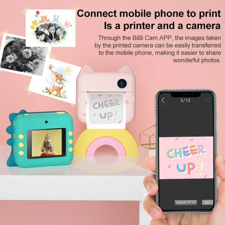 Mini Dual-Lens Instant Camera for Kids - 1200W Green Dinosaur Edition with Print Function