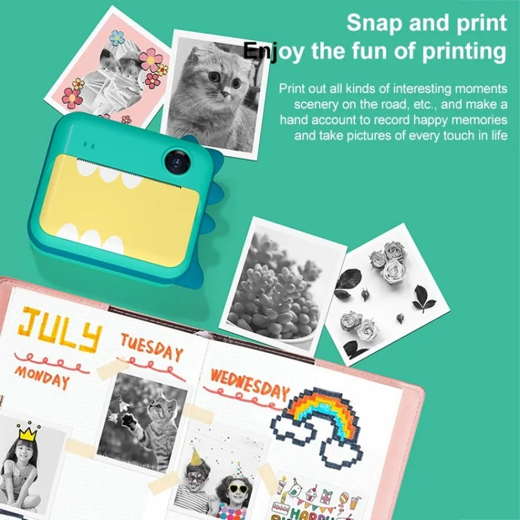 Mini Dual-Lens Instant Camera for Kids - 1200W Green Dinosaur Edition with Print Function