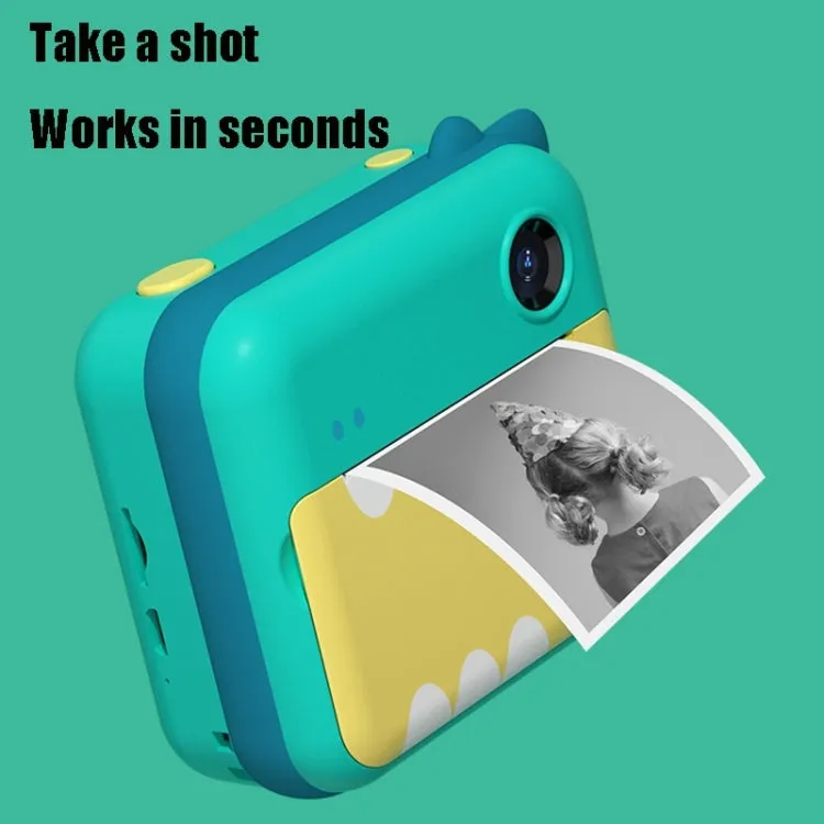 Mini Dual-Lens Instant Camera for Kids - 1200W Green Dinosaur Edition with Print Function