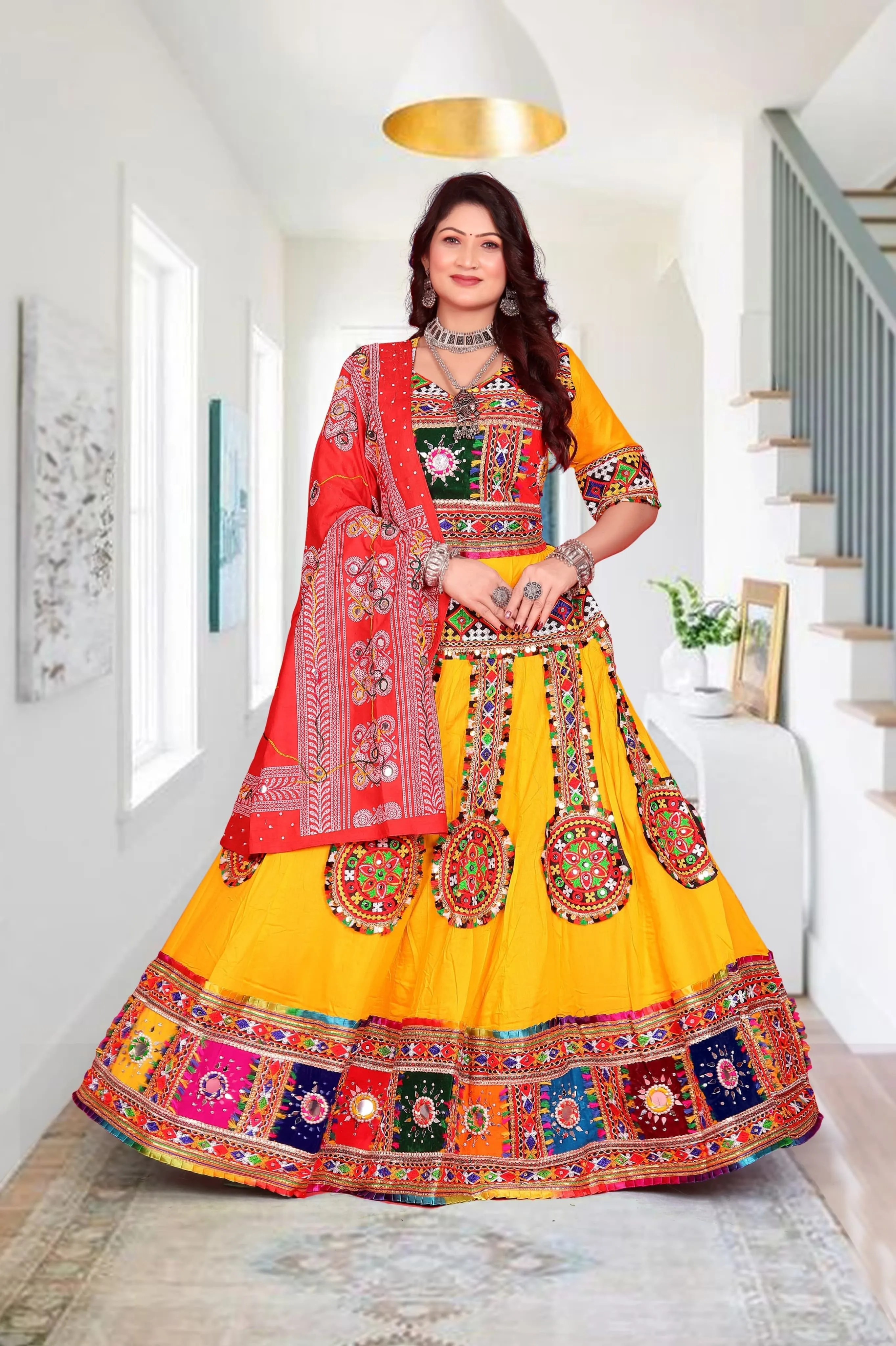 Navratri Garba Traditional Pure Cotton Gamthi Work Lehenga Choli for Women's