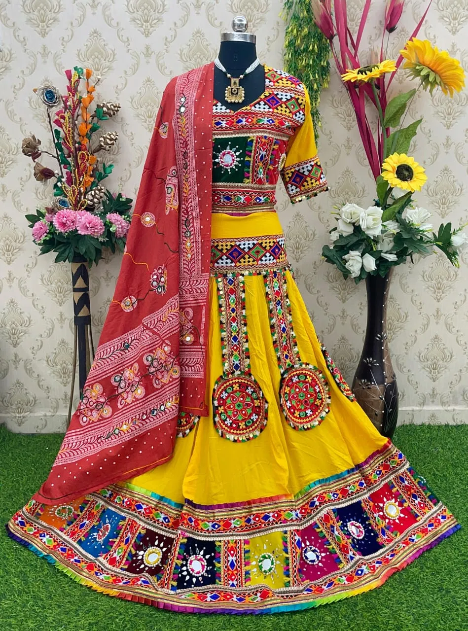 Navratri Garba Traditional Pure Cotton Gamthi Work Lehenga Choli for Women's