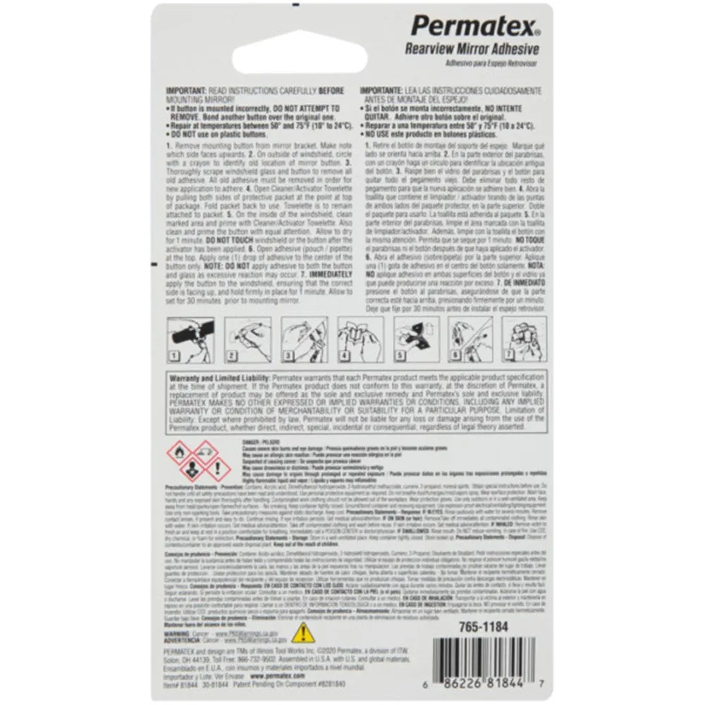 Permatex Rearview Mirror Adhesive 2 Part Kit 0.3 0.6Ml - 81844