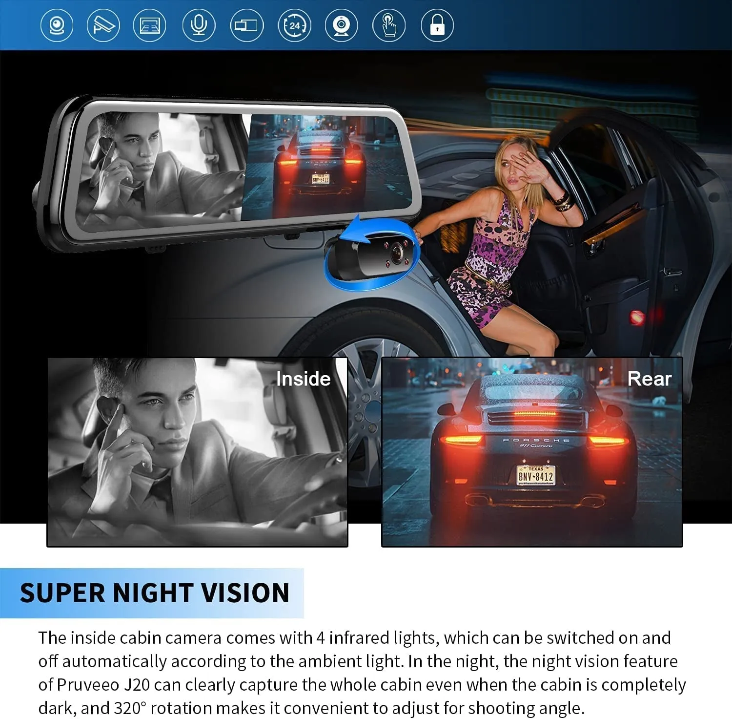 PRUVEEO 12'' Triple Mirror Dash Cam, Front inside and Rear 3 Channel Full Touch Screen Rear View Mirror Backup Camera, IR Night Vision(Sony Sensor), GPS, Parking Assistance, with 128GB Card