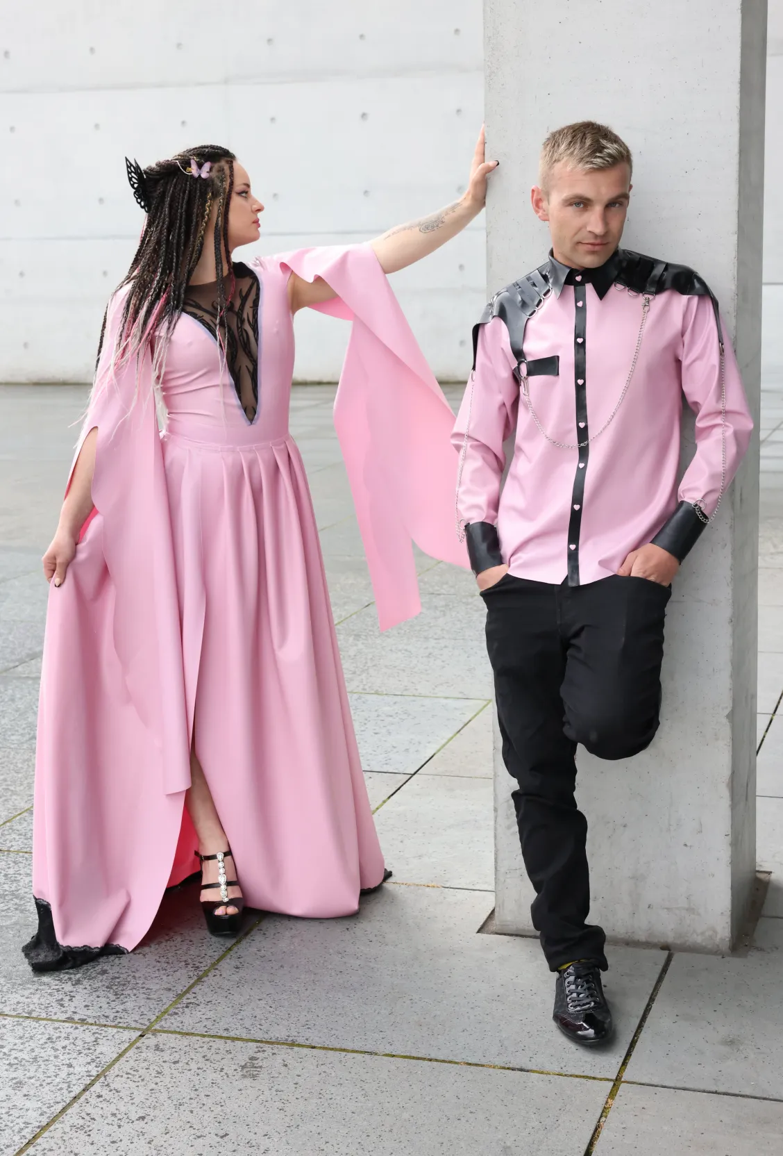 "Eleanor" Latex Gown/ Long Dress in Gothic Victorian/ Elfin Style: Lace Front, Slit Skirt & Flared Sleeves