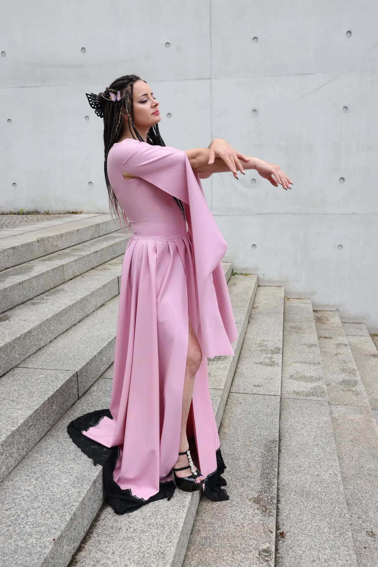 "Eleanor" Latex Gown/ Long Dress in Gothic Victorian/ Elfin Style: Lace Front, Slit Skirt & Flared Sleeves
