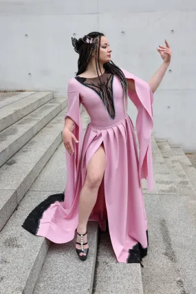 "Eleanor" Latex Gown/ Long Dress in Gothic Victorian/ Elfin Style: Lace Front, Slit Skirt & Flared Sleeves