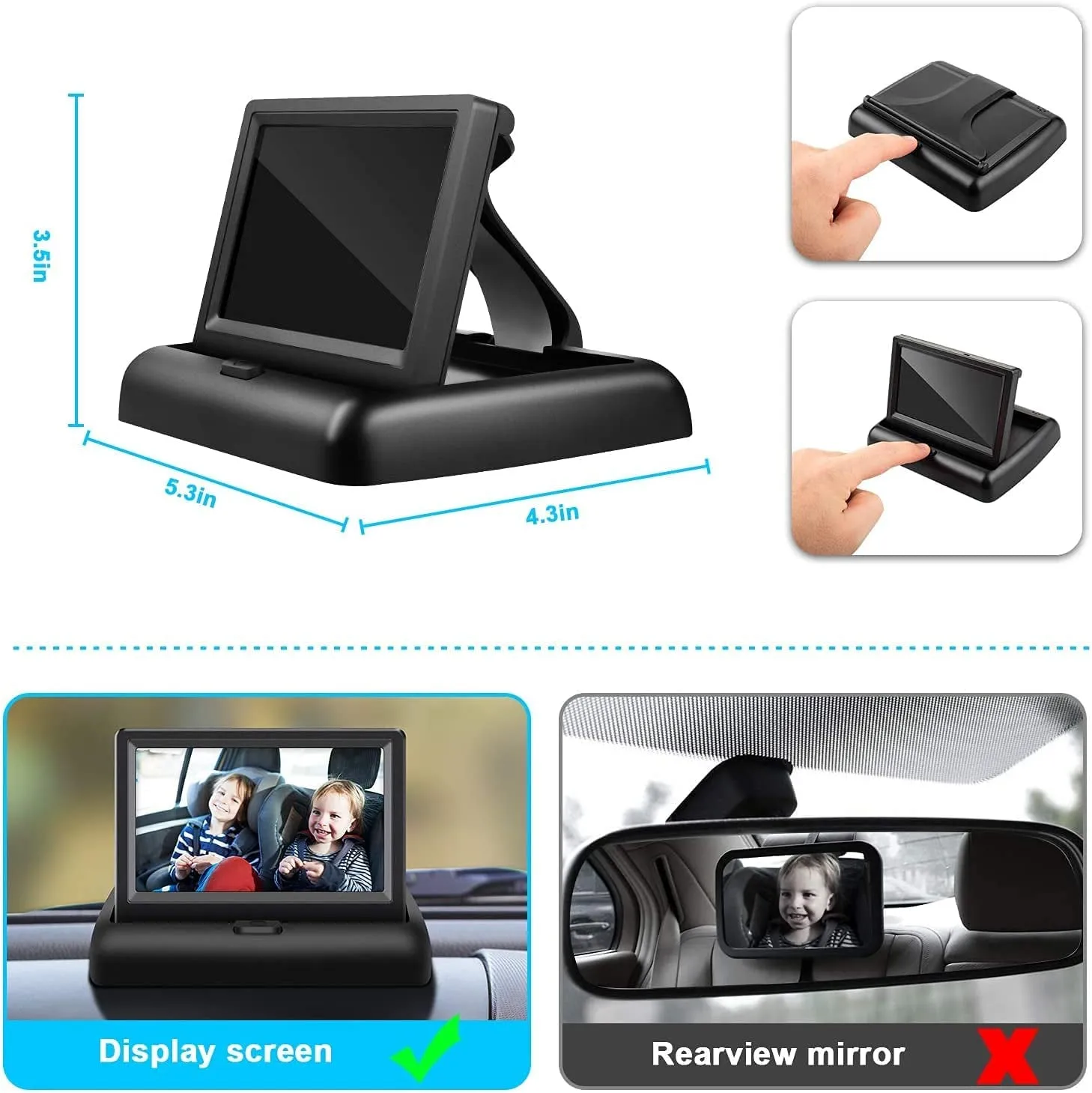 Shynerk Baby Car Mirror, 4.3'' HD Night Vision Function Car Mirror Display, Safety Car Seat Mirror Camera Monitored Mirror with Wide Crystal Clear View, Aimed at Baby, Easily Observe the Baby’S Move