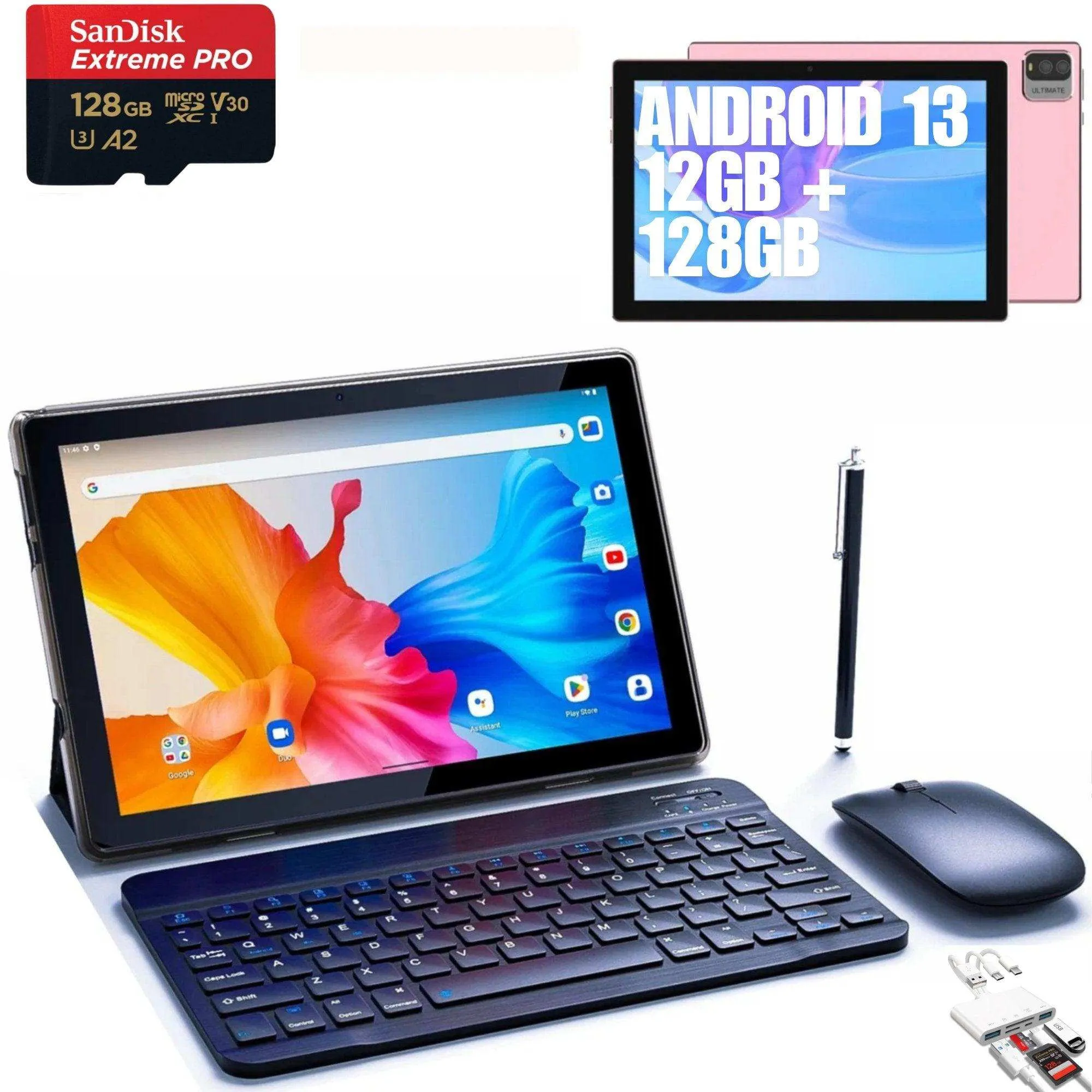 TUTT CP20 2 in 1 Tablet 10.1 Inch FHD Android 13 with Keyboard, Mouse, Case, Stylus, 128GB ROM 12GB RAM, Dual Camera, Quad Core | 128GB SanDisk Pro 5-in-1 Kit