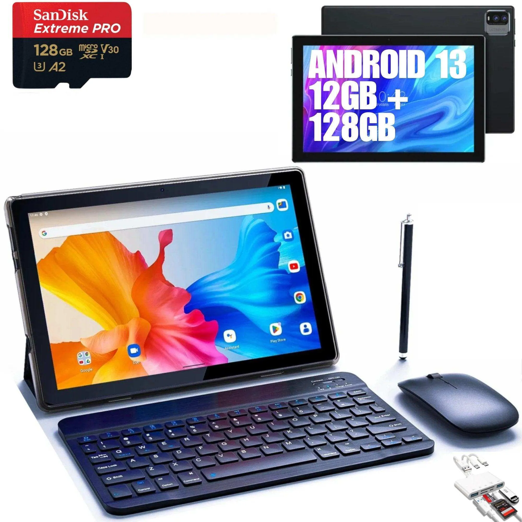 TUTT CP20 2 in 1 Tablet 10.1 Inch FHD Android 13 with Keyboard, Mouse, Case, Stylus, 128GB ROM 12GB RAM, Dual Camera, Quad Core | 128GB SanDisk Pro 5-in-1 Kit