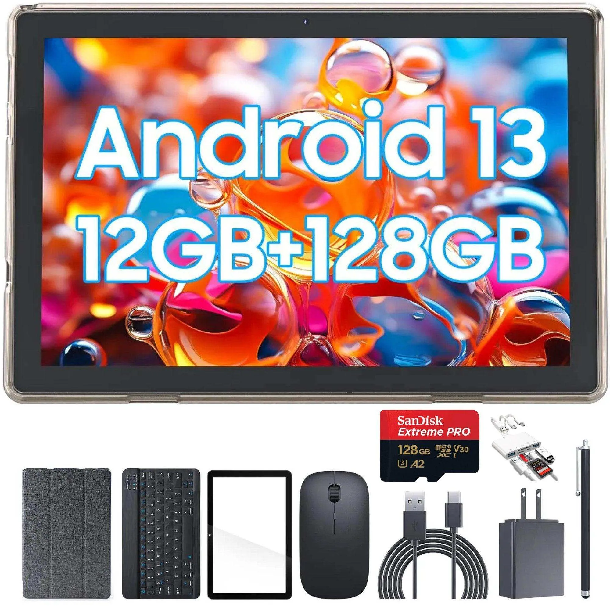 TUTT CP20 2 in 1 Tablet 10.1 Inch FHD Android 13 with Keyboard, Mouse, Case, Stylus, 128GB ROM 12GB RAM, Dual Camera, Quad Core | 128GB SanDisk Pro 5-in-1 Kit