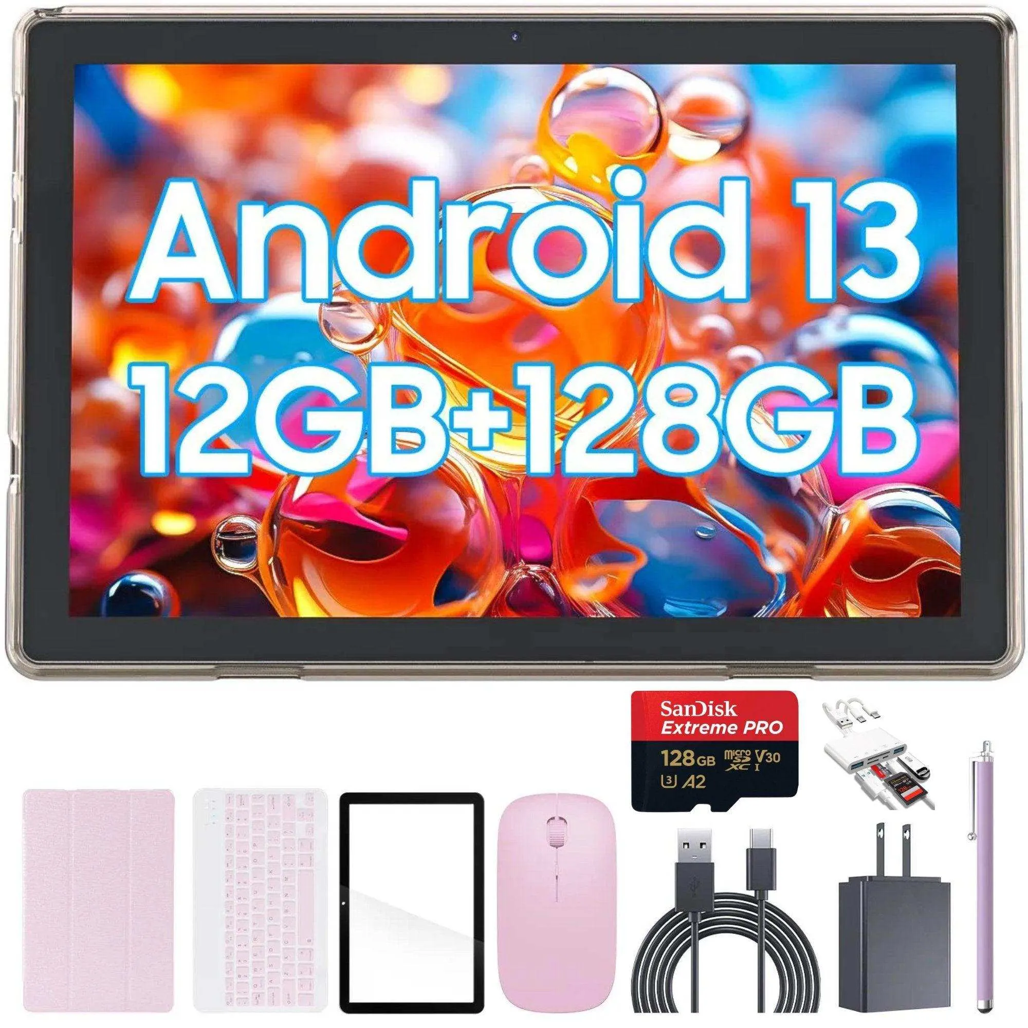 TUTT CP20 2 in 1 Tablet 10.1 Inch FHD Android 13 with Keyboard, Mouse, Case, Stylus, 128GB ROM 12GB RAM, Dual Camera, Quad Core | 128GB SanDisk Pro 5-in-1 Kit