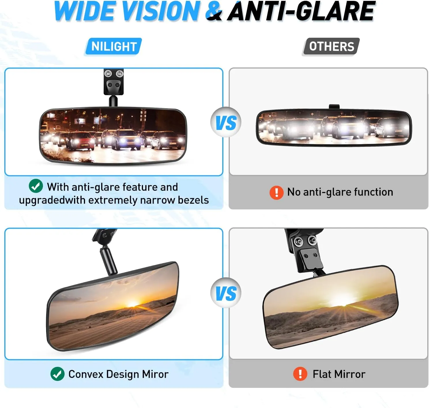UTV Rear View Mirror 12in Wide Clear Convex Center Mirror with 3/4in 1.75in to 2in Clamps for Polaris RZR PRO XP R Pioneer 1000 Can Am Maverick X3 Kawasaki