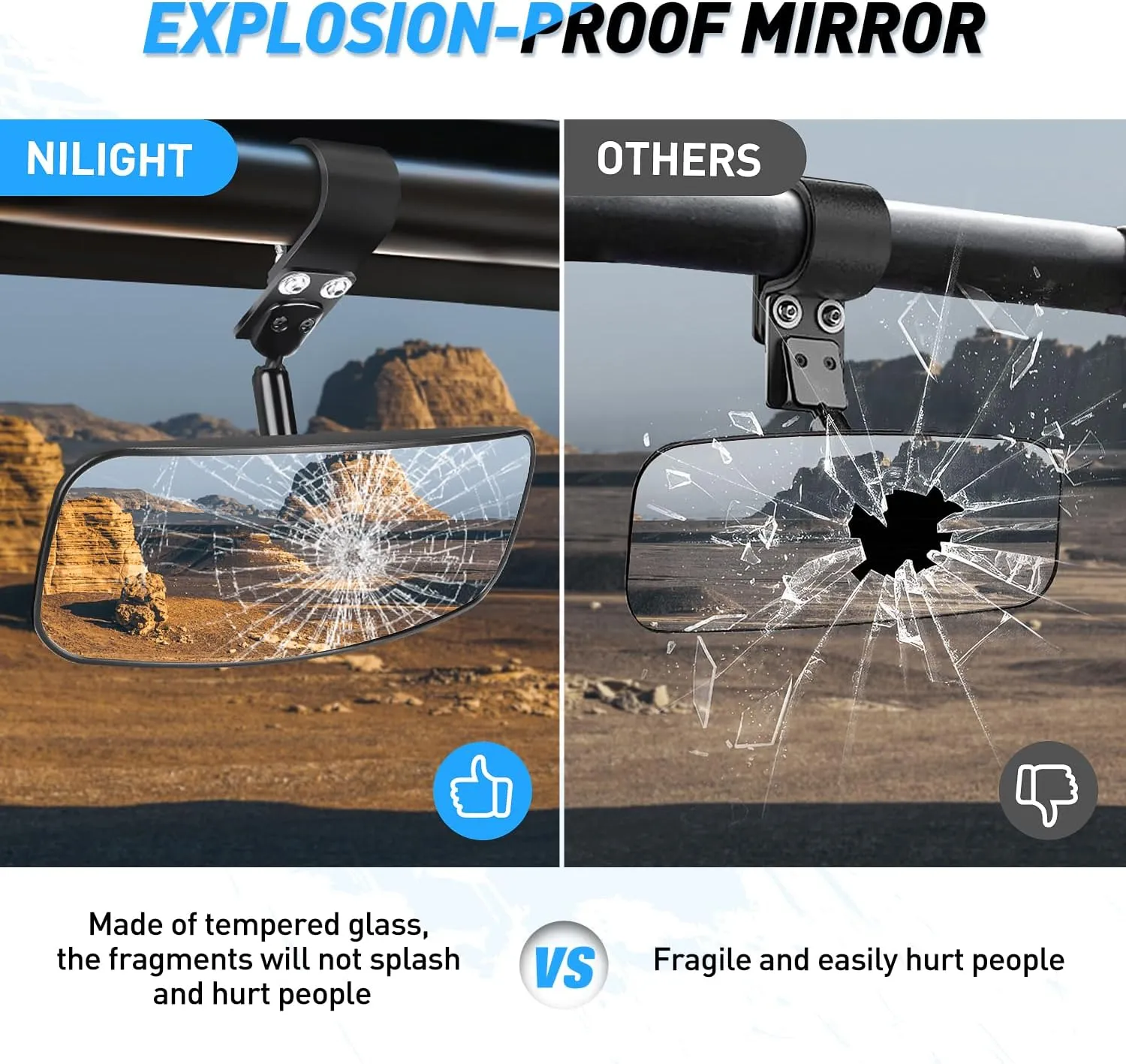 UTV Rear View Mirror 12in Wide Clear Convex Center Mirror with 3/4in 1.75in to 2in Clamps for Polaris RZR PRO XP R Pioneer 1000 Can Am Maverick X3 Kawasaki