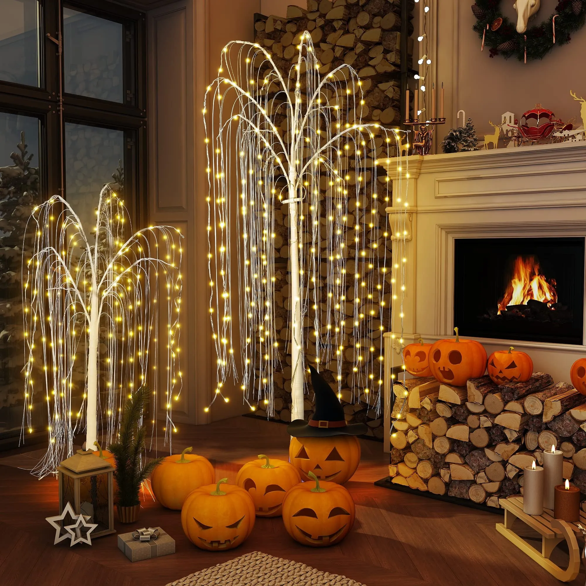 valiant 4-Piece Christmas Decoration Set, Pre-lit Artificial Christmas Tree Garland Wreath 4FT Xmas Trees 4-Piece Set, Outdoor Christmas Tree for Porch, Entrance, Holiday Decor Illuminated Willow Tree 3-Piece Set